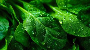 Fresh spinach leaves with water droplets on a close-up view. photo