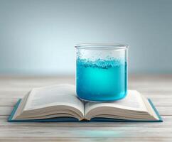 Beaker with blue liquid on open book, symbolizing science knowledge. photo