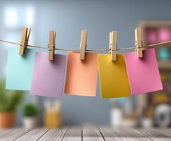 Colorful note cards hanging on a string in a creative workspace. photo