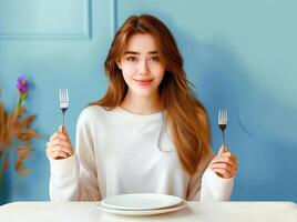 cute Woman is sitting at a table with a forks in her hands photo