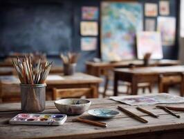 Art classroom with brushes, paints, and canvas in soft focus. photo