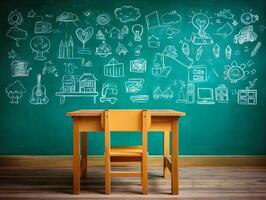Empty school desk before green chalkboard with drawings and doodles. photo