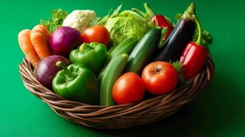 Basket of fresh vegetables including tomatoes, peppers, and carrots. photo