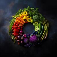 Colorful vegetable arrangement in a circle on dark background. photo
