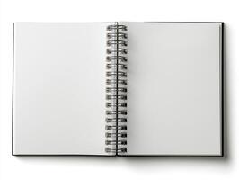 Open blank spiral notebook on white background, top view. photo