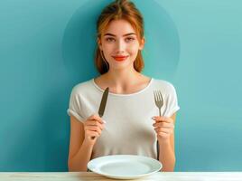 Woman is sitting at a table with a fork and knife in her hand photo