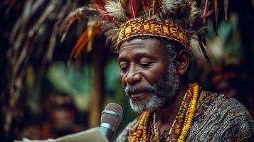 Indigenous man in traditional attire speaking into microphone photo