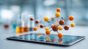 Colorful molecular model on digital tablet in a lab setting. photo