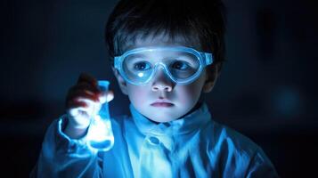 Young scientist experimenting with glowing liquid in a flask. photo