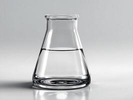 Clear glass laboratory flask with liquid on white background. photo