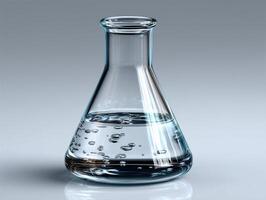 Glass flask with liquid and bubbles on gray background photo