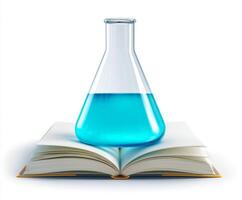 Erlenmeyer flask on open book with blue liquid inside. photo