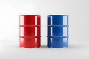 Industrial Metal Barrels A Red and Blue Steel Drum Comparison for Storage and Transportation of Materials, Demonstrating Diverse Applications in Various Industries. photo