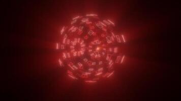 Abstract red glowing sphere composed of floating polygonal shapes, radiating light from the center video