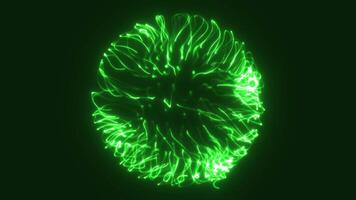 Abstract glowing green sphere composed of dynamic light trails on a dark background, representing energy, tech, or science video