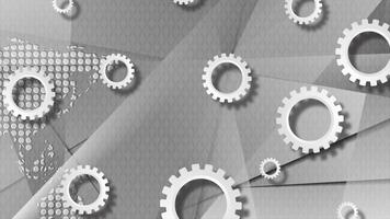 Grey hi-tech abstract motion background with dotted map and gears video