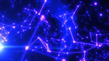 Glowing abstract purple-blue neural network web with dynamic light trails and digital mesh structure video