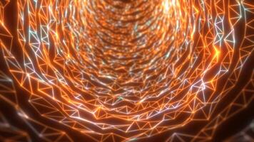 Glowing tunnel of orange light made of interconnected triangular digital lines, forming a vibrant energy vortex video