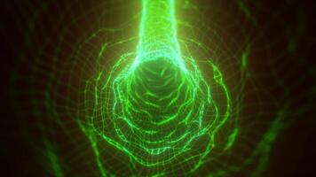 Futuristic green energy tunnel with digital grid mesh and glowing light lines, symbolizing technology, speed, and data transfer video