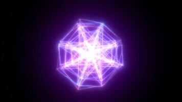 Luminous violet geometric shape with intense core glow and dynamic light webs on a dark background video