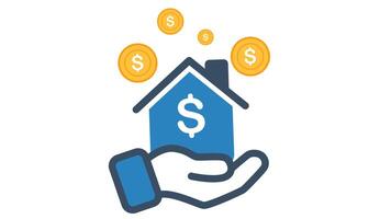 Blue house wdollar sign on hand floating dollar coins above on white backdrop looping animation video