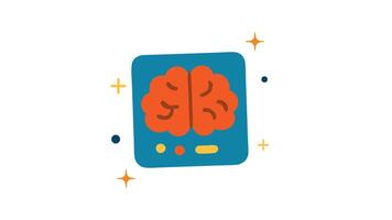 Cartoon image of a brain scan displayed in blue frame surrounded by graphics looping animation video