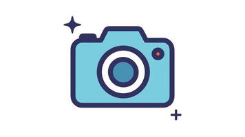An icon of a blue cartoon camera with a lens shutter button and a looping animation video