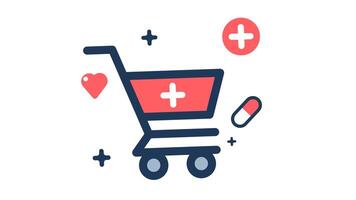 shopping cart icon colored red black and white with crosses heart and a capsule set against a plain white background looping animation video