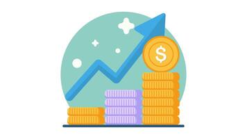 Chart rising arrow coin stacks with dollar sign against a circle background looping animation video