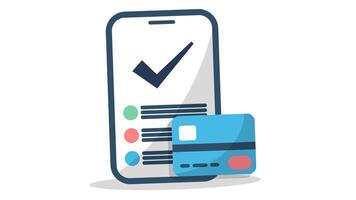 phone with a checkmark and horizontal lines sits next to a credit card looping animation video