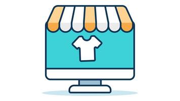 computer screen is shown with an awning on top with a shirt displayed in the middle of the screen looping animation video