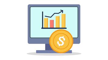 a computer screen displaying a bar graph with an upwardtrending line and a dollar coin in the foreground looping animation video