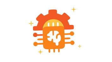 Orange gear outline with a brain inside plus circuit board elements and decorative sparkles on a white background looping animation video