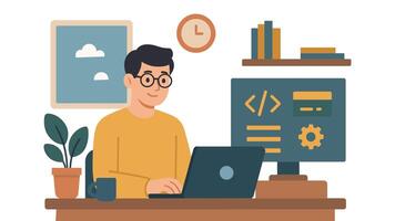 a person with glasses using a laptop at a desk with computer screen and other objects looping animation video