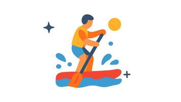 uma pessoa remos dentro uma vermelho canoa com água salpicos uma Sol e uma estrelado forma dentro a fundo looping animação video