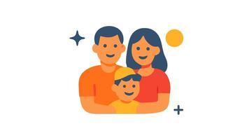 uma desenho animado família com uma homem mulher e criança sorridente dentro uma simples colorida Projeto em uma branco fundo looping animação video