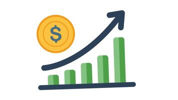 Chart shows green bars growing upward with a blue arrow tracing the increasing height and a gold coin featuring a symbol looping animation video
