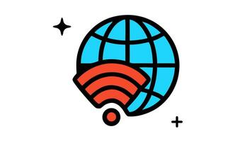 Globe Wifi icon Cyan world over wifi signal Black outline Star plus shapes looping animation video