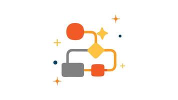 A flowchart with orange yellow and gray shapes connected by curved lines surrounded by sparkles looping animation video