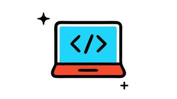 A simple cartoonstyle laptop with angled brackets and a plus symbol at bottom looping animation video