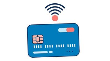 blue credit card with chip magnetic stripe and wireless signal above looping animation video
