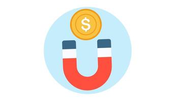 magnet beneath a gold coin with a dollar sign set on a blue circular backdrop looping animation video