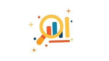 Magnifier examines colorful bar chart with pluses dots stars scattered around looping animation video