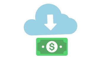 light blue cloud with a white downward arrow floating above a green dollar bill looping animation video