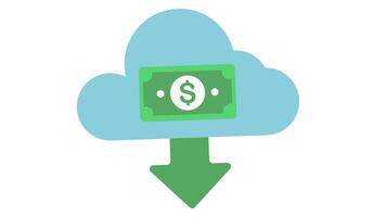 light blue cloud with a green dollar bill inside pointing to a downwards arrow looping animation video