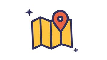 A cartoon style map with a location pin Folded paper a red pin a plus sign looping animation video