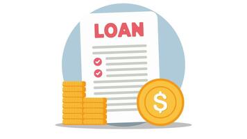 Loan document with text LOAN atop checklist beside coin stack and dollar coin all on a light blue circle background looping animation video