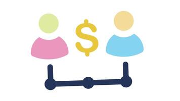 Two simple human icons flanking a dollar symbol linked by a bar graph looping animation video