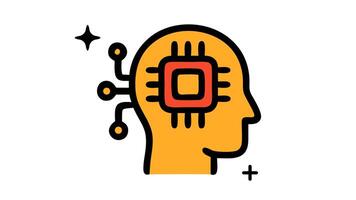 A yellow head profile with a red microchip inside connected to wires dots plus a star and plus sign looping animation video