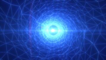 Abstract glowing digital tunnel with blue polygonal grid converging toward a bright center, symbolizing data flow and high technology video